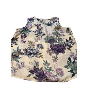 Talbots‎ Woman 1X Floral Print Sleeveless Blouse Top Cream Purple Blue Lace Trim